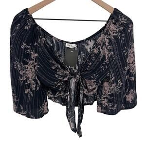 Lunik Tie Front Crop Top Size Medium New Gray & Mauve Floral Stripe